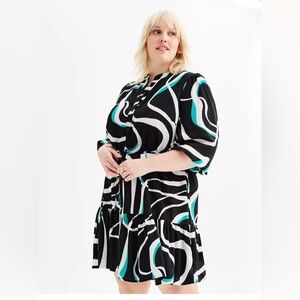 Nine West long sleeve flowy Black blue Green Patterned Dress size 2X